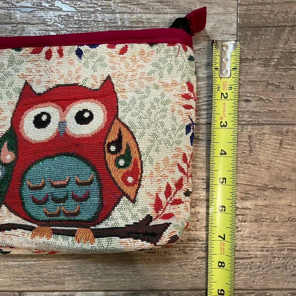 Woven‎ Tapestry Owl Makeup Bag Red Woodland Bird Cosmetic Pouch Zippered Travel
